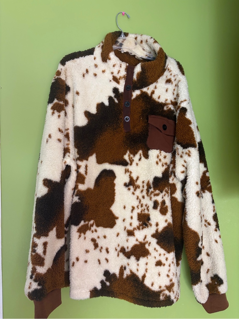 Cozy Cow Print Sherpa Pullover - Cream & Brown